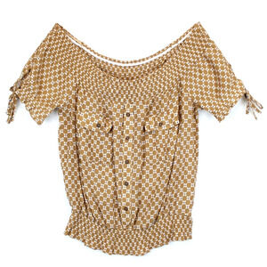 Sweet Wanderer Off Shoulder Top Floral Tan Short Slit Sleeve Women L Boho Chic